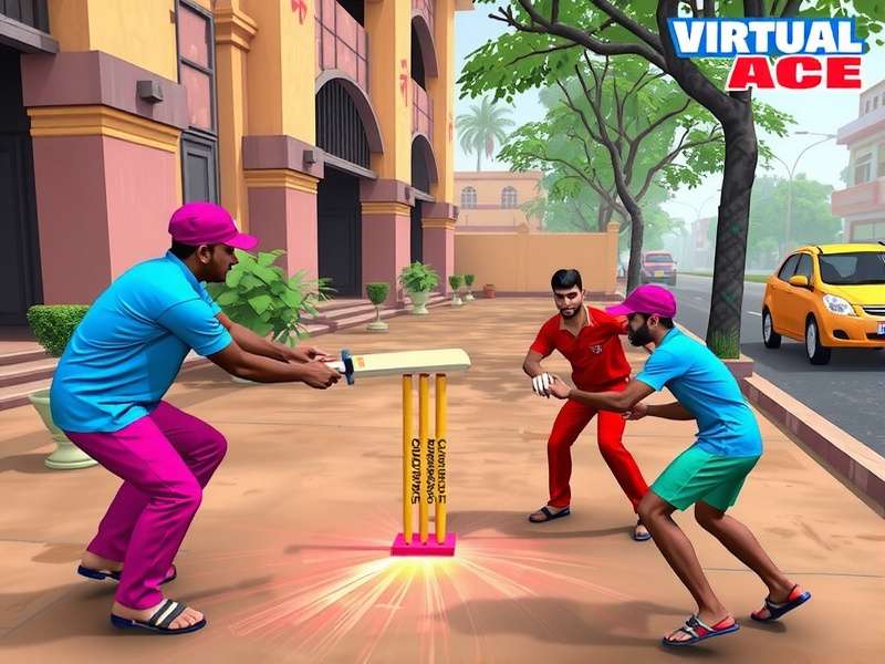 Virtual Cricket Ace - Gully Cricket Mode Virtual Cricket Ace gully cricket mode showing street match with Indian kids